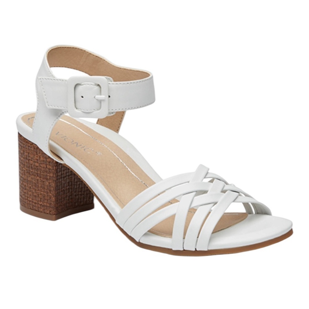 Vionic papaya peony white woven leather ankle strap block heels